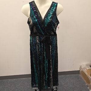 Sequin Sleeveless Dress in Black and Teal